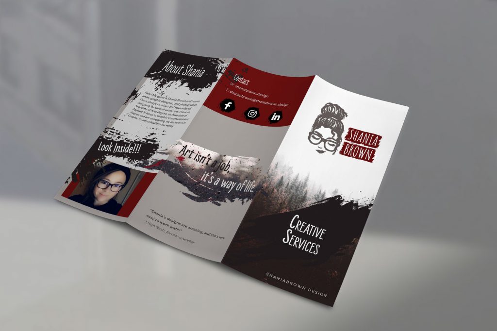 Outside view of trifold brochure for Shania Brown branding