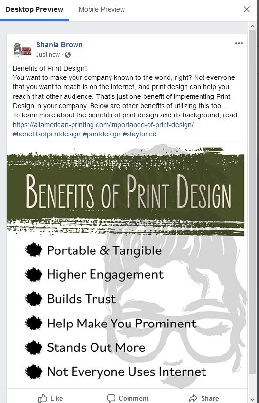 Benefits of Print Design Facebook post preview